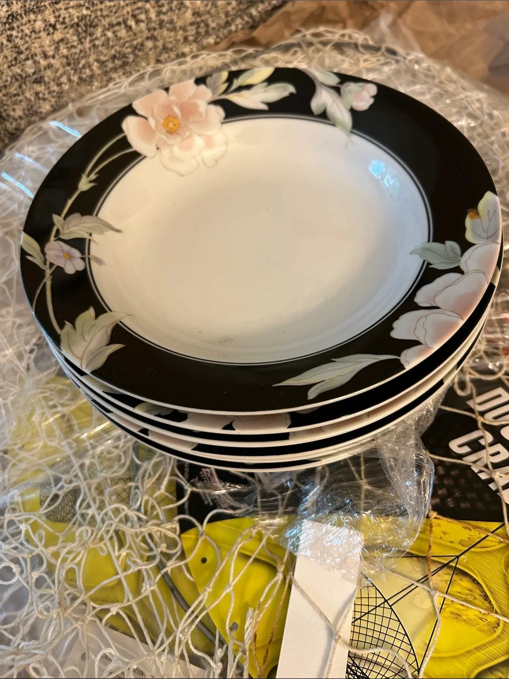 Finesse fine China Desert  Plates (7) Black  Magic Pale Pink Floral JAPAN